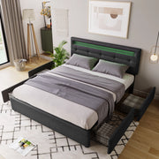 Letto matrimoniale 140 × 200 cm con LED e 4 cassetti in lino grigio testiera regolabile rete a doghe