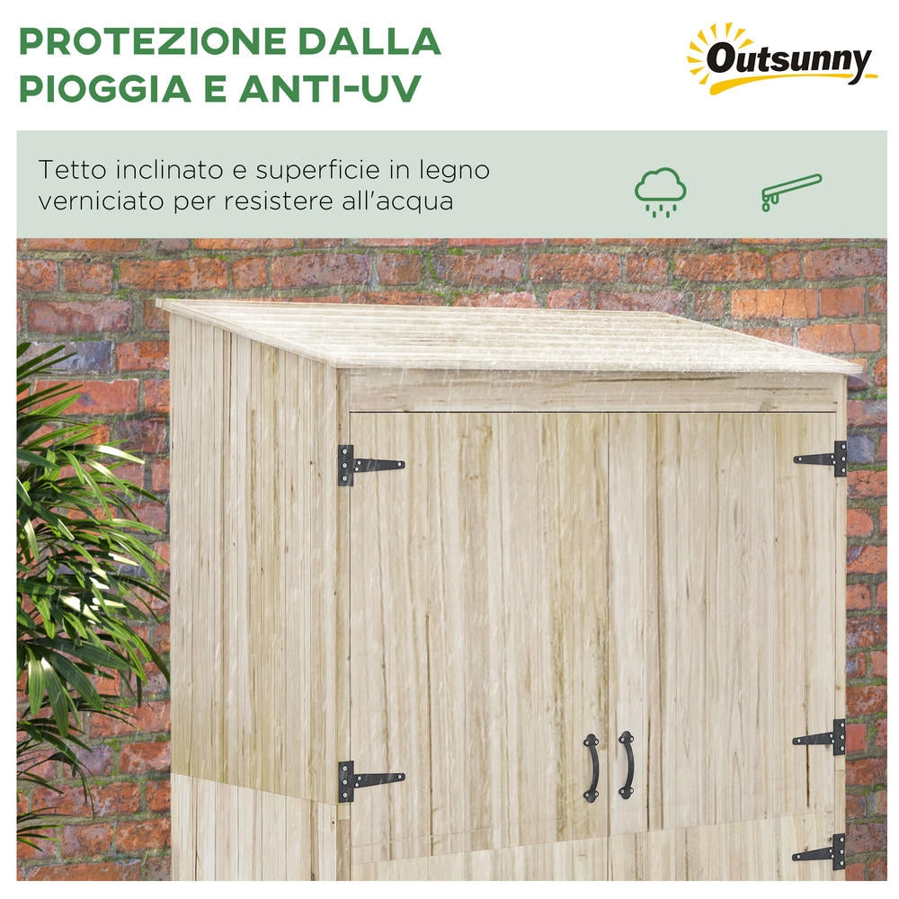 Casetta da Giardino in Legno di Abete Naturale con 2 Porte e Ripiani per Attrezzi da Giardino, Robusta e Resistente, 120x57x183cm