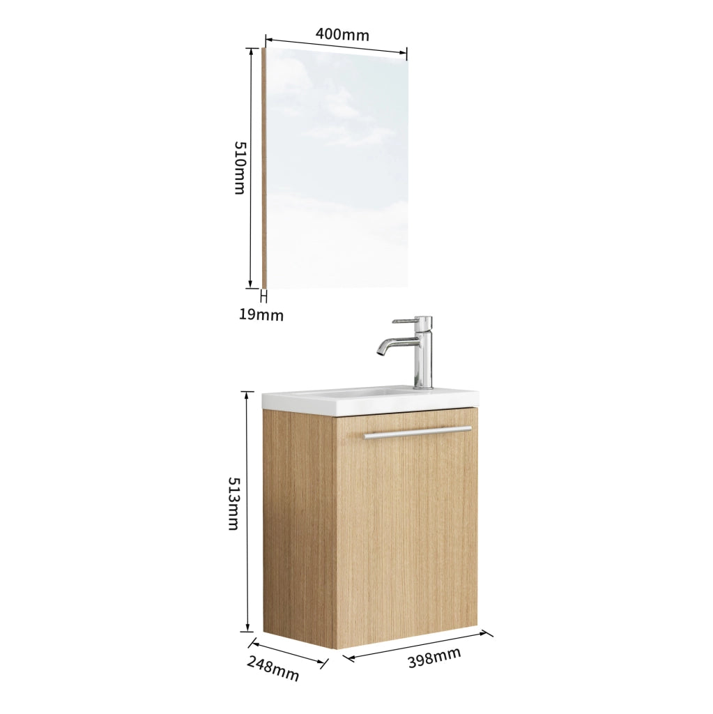 Mobile bagno sospeso rovere con lavabo in ceramica e specchio
