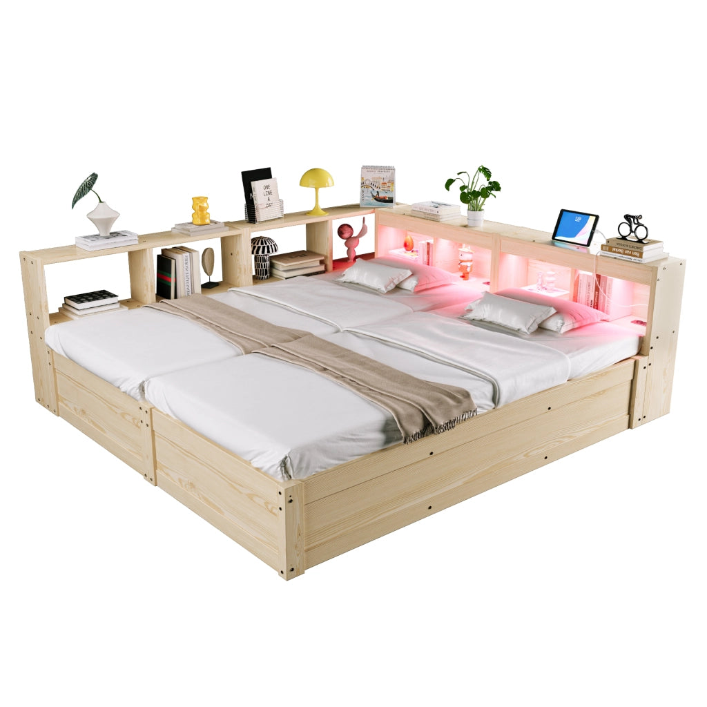 Letto matrimoniale multifunzionale con vano contenitore idraulico LED e prese integrate in legno naturale