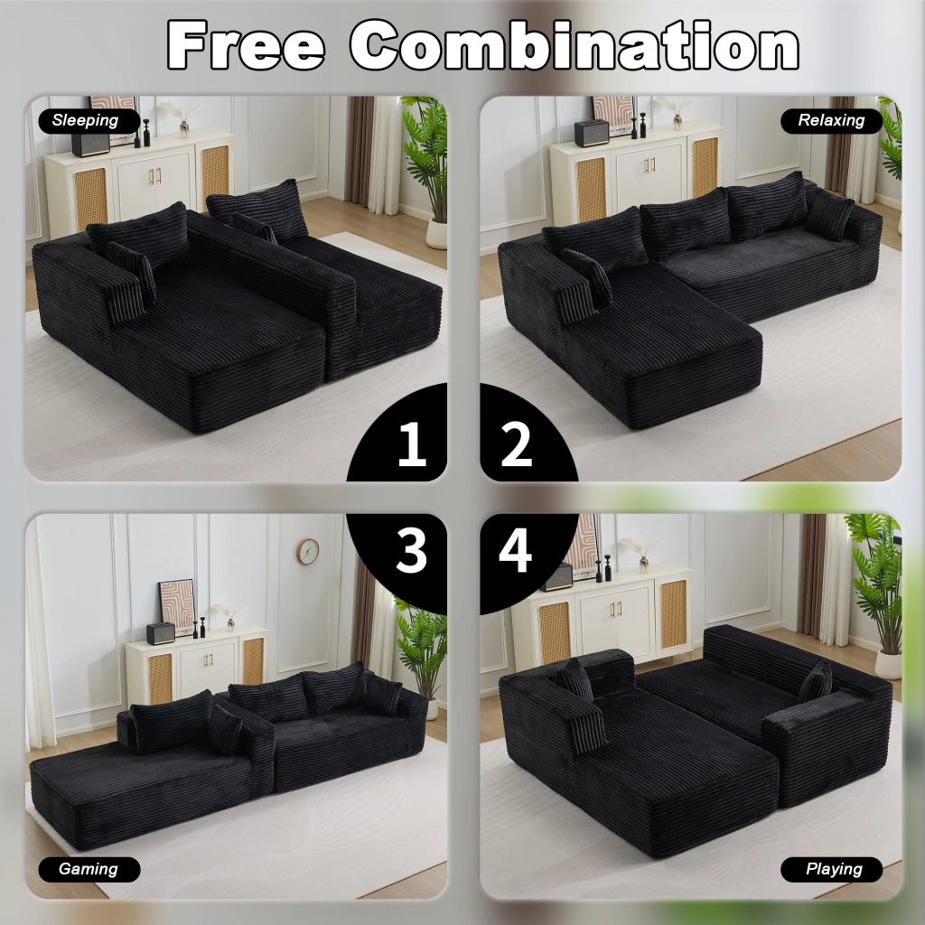 Divano modulare a L in due elementi; con chaise longue e seduta profonda; in velluto a coste nero