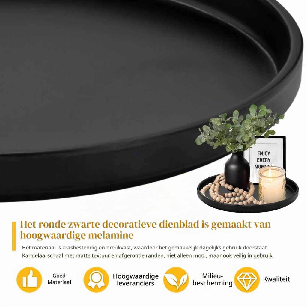 Vassoio decorativo rotondo nero 26,8 cm in melamina – versatile come portacandele, organizer e ciotola decorativa