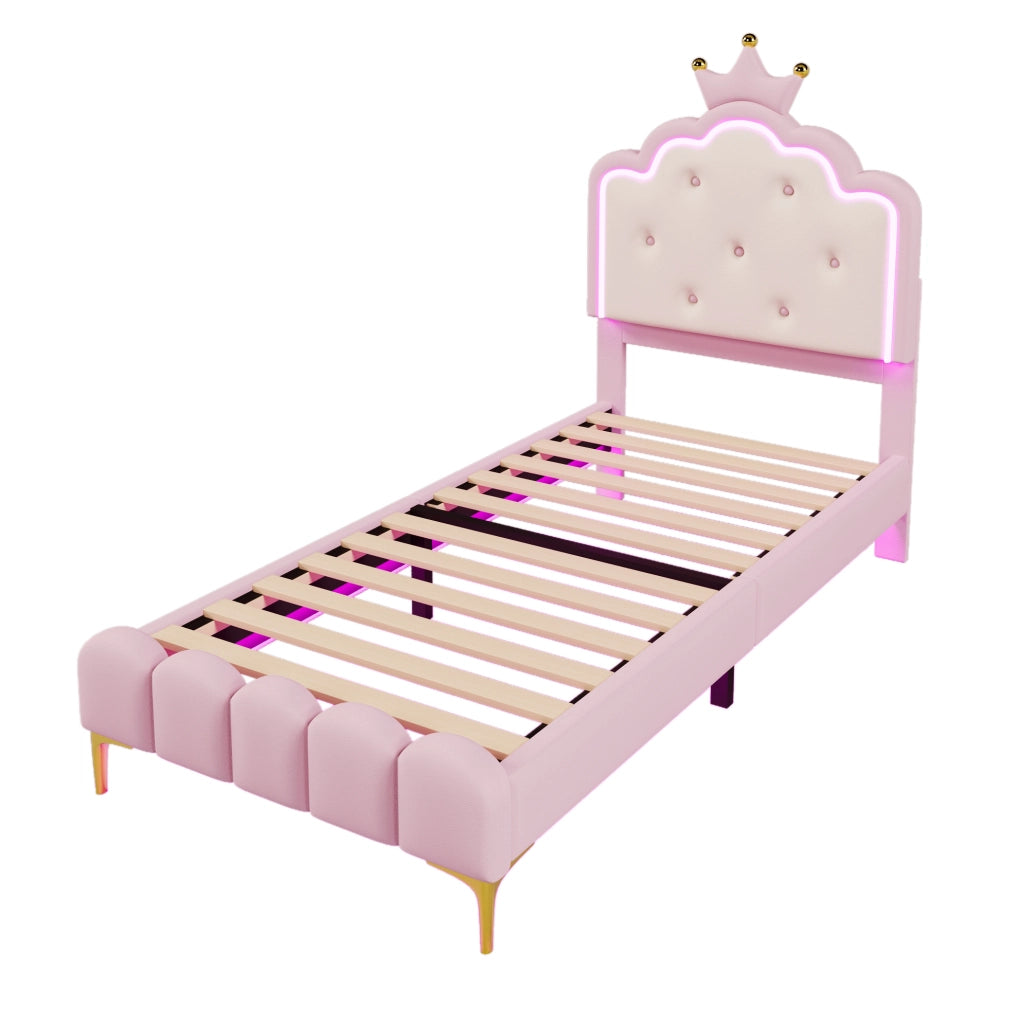 Letto imbottito principessa 90x200 cm con rete a doghe e luce ambiente rosa in PU