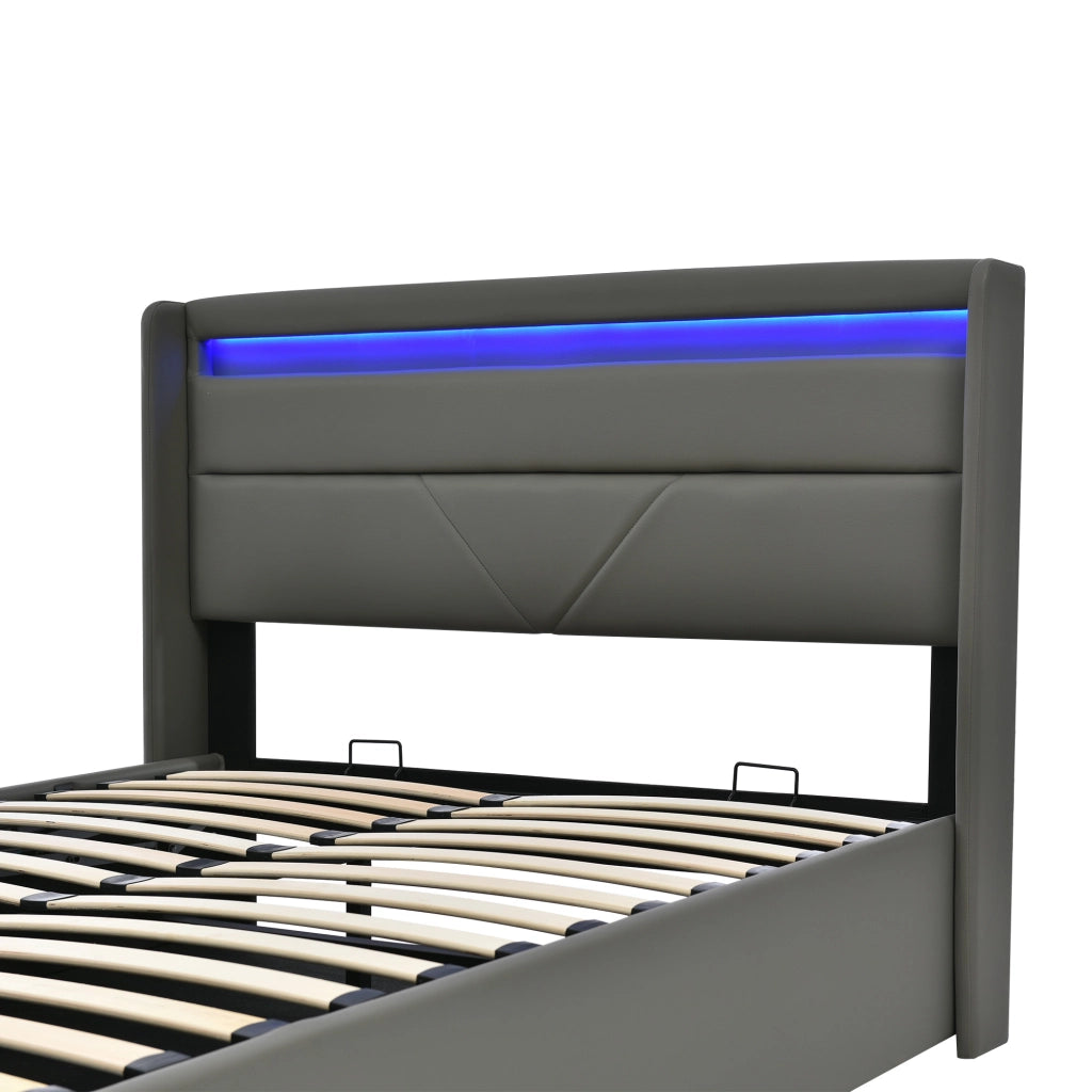 Letto matrimoniale contenitore 140 × 200 cm imbottito in PU grigio con LED rete a doghe e sollevamento idraulico