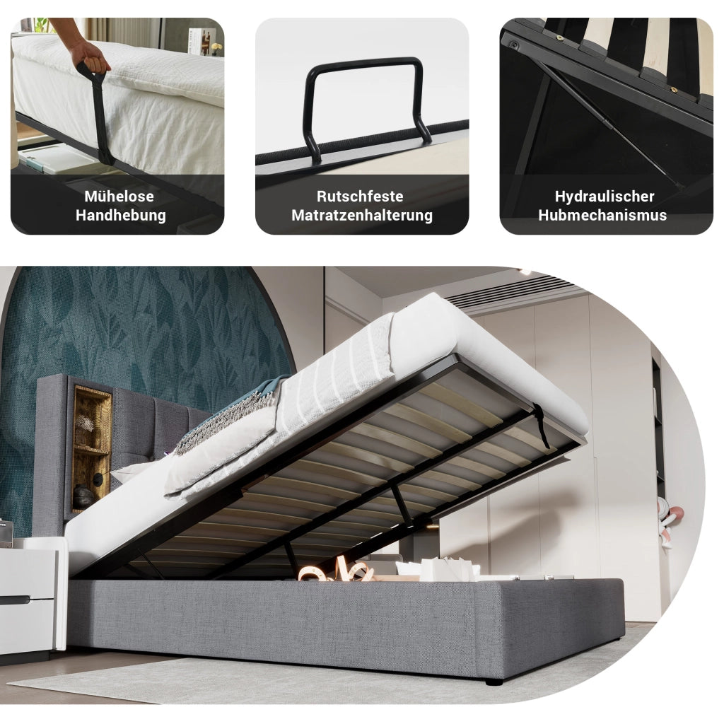 Letto contenitore 140 ¡Á 200 cm con ricarica wireless USB e USB-C rivestito in lino naturale