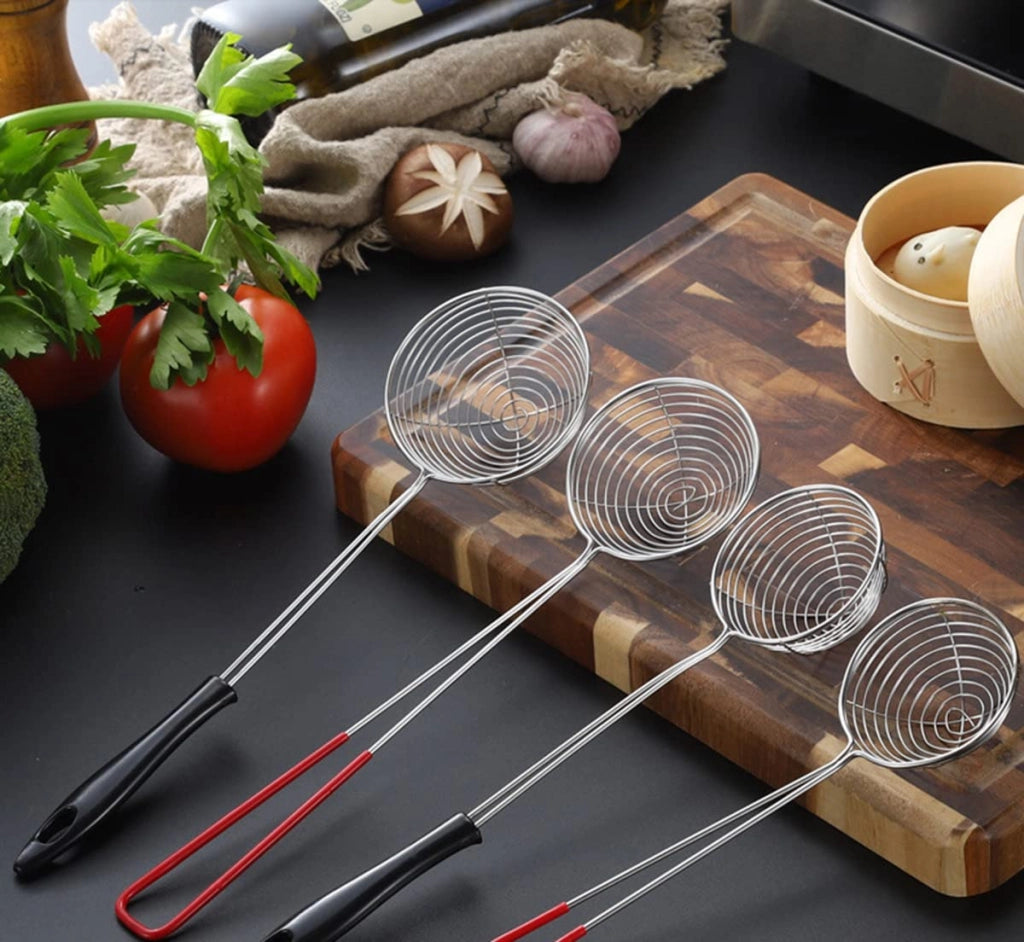 Set di 6 colini in acciaio inossidabile per fonduta, diametro 29 cm, cucchiai da fonduta in schiuma metallica, neri/rossi