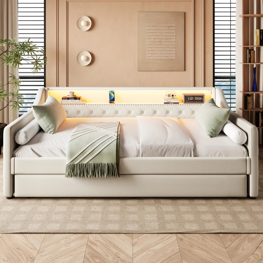 Daybed con rete a doghe 90x200 cm, divano letto con LED integrati e porta USB, lino beige, con letto estraibile