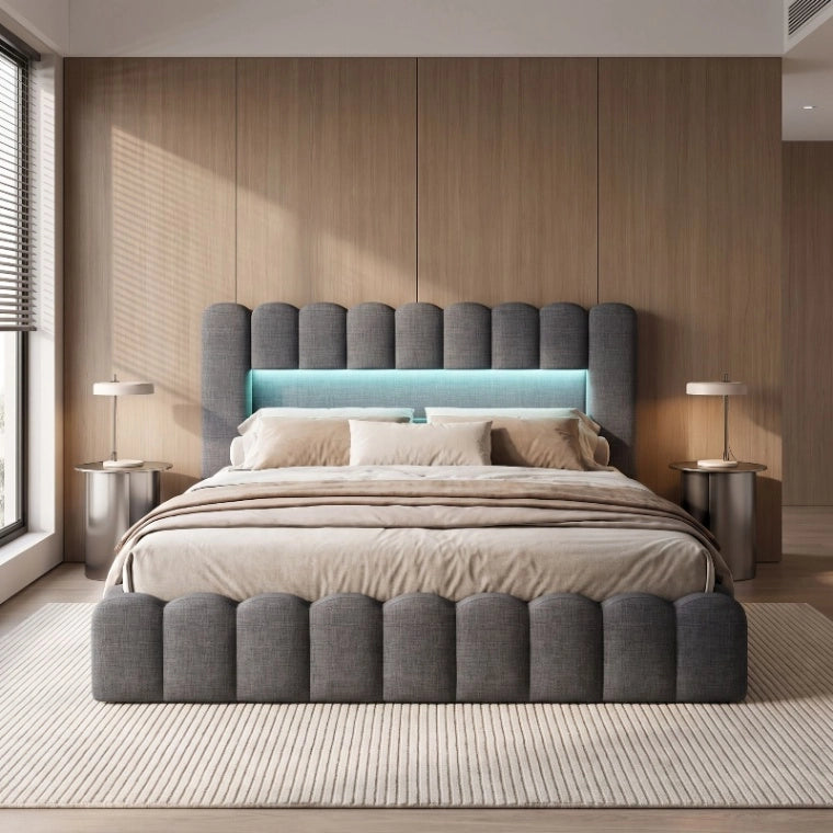 Letto Contenitore Matrimoniale 160x200 cm; Letto imbottito con LED e USB; Letto idraulico con Rete a doghe e Testiera con Contenitore; Lino Grigio