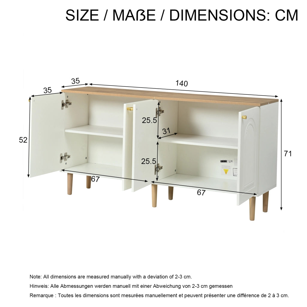 Credenza - Mobile da ingresso - Venature del legno - 4 ante con motivo in rilievo - Maniglie in metallo - Pannelli truciolari - Bianco