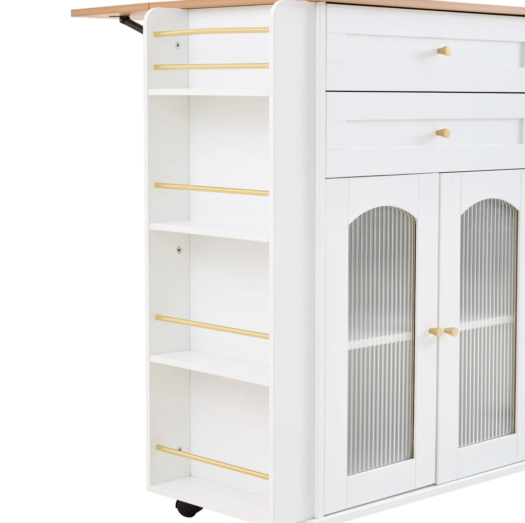 Isola da cucina mobile 110 cm con piano lavoro ribaltabile, carrello su ruote con 2 cassetti, ante in vetro e ripiani laterali, bianco e naturale