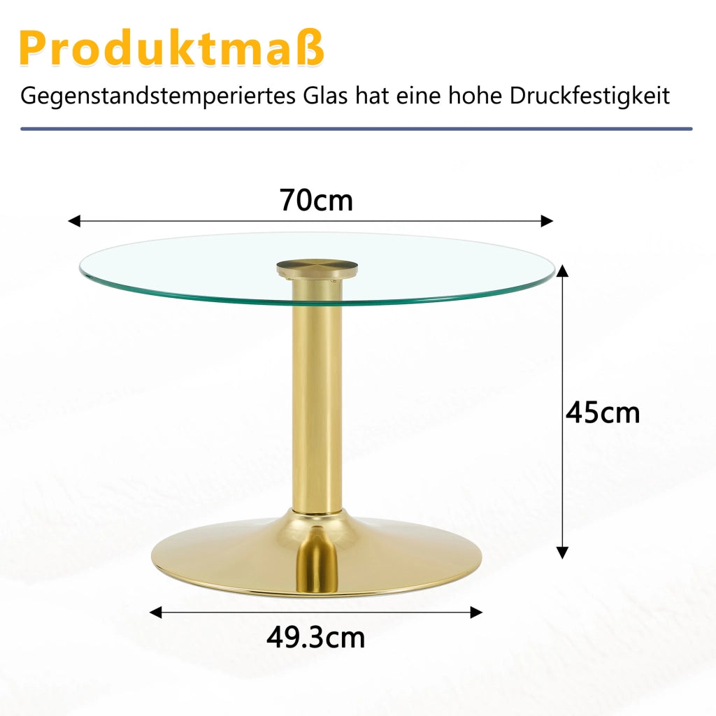 Tavolino da salotto rotondo diametro 70 cm altezza 45 cm in vetro temperato e metallo oro con base stabile moderno