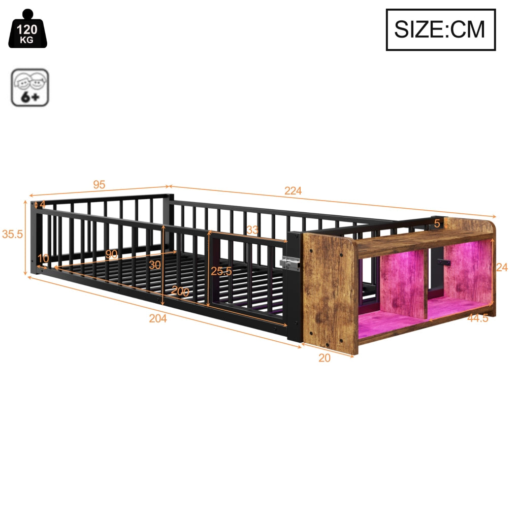 Letto singolo per bambini 90x200 cm con sponda; vano aperto e LED in metallo e MDF; nero