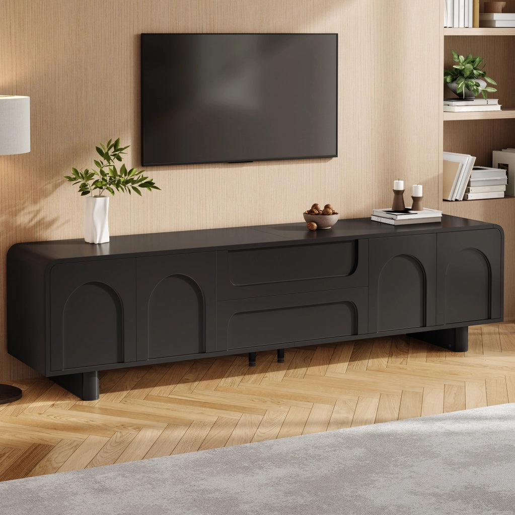 Mobile porta TV nero da 180 cm con ante, cassetti e passacavi