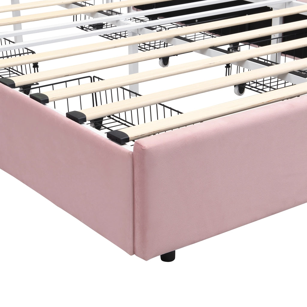 Letto imbottito per bambini 140 × 200 cm con quattro cassetti laterali testiera contenitore in velluto rosa LED app