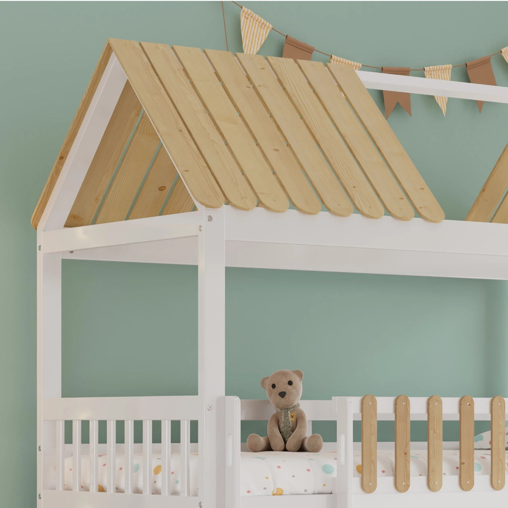 Letto a soppalco per bambini 90 × 200 cm con armadio e ripiani in legno bianco e naturale con finestra