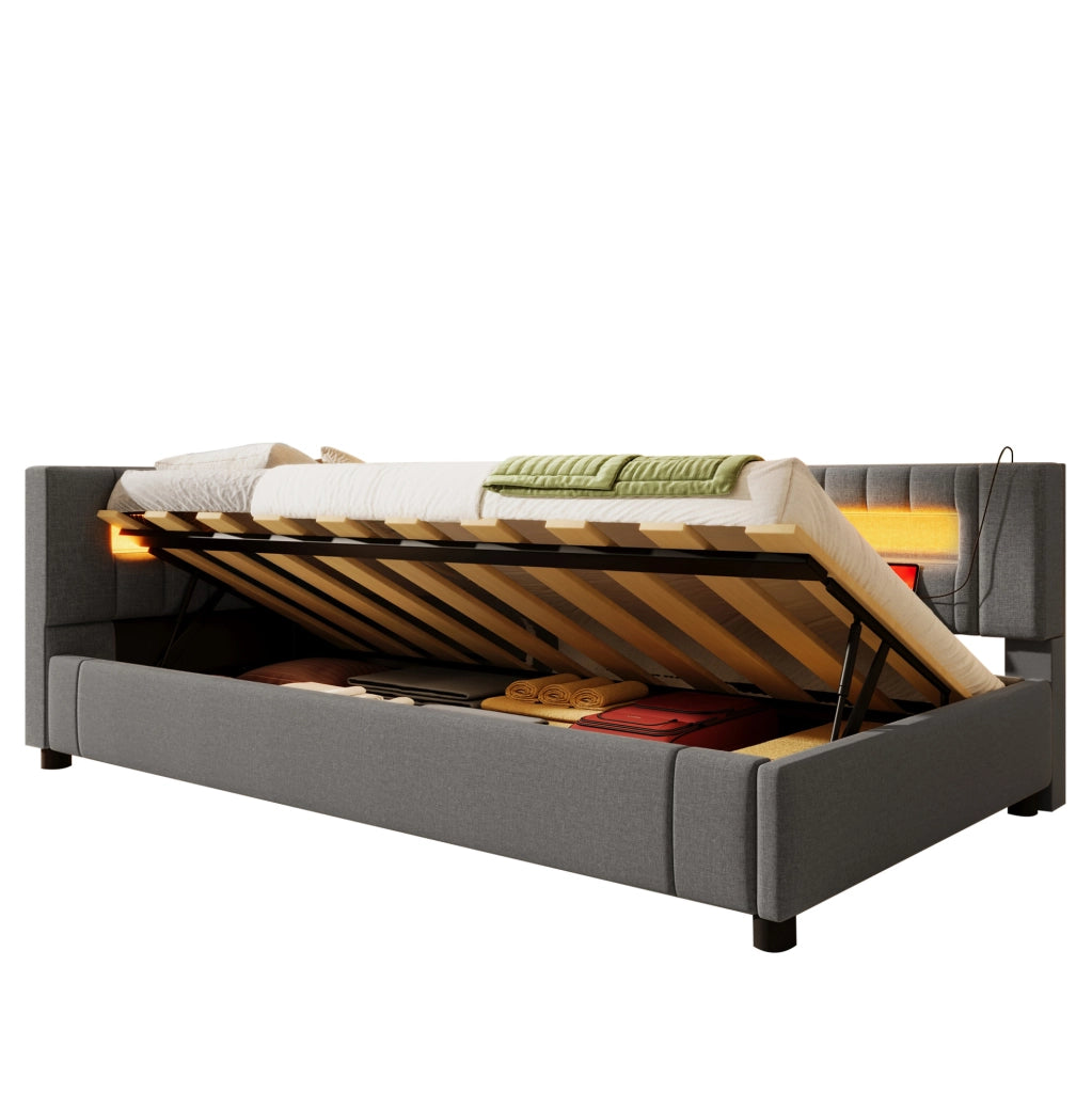 Divano letto 90x200 cm in lino grigio con LED, porta USB + Type-C e contenitore idraulico, senza materasso