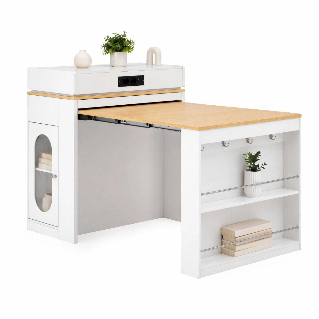 Isola cucina allungabile IVMEU 83x46¨C146,5x96 cm con piano pieghevole, prese e vani, bianca effetto legno