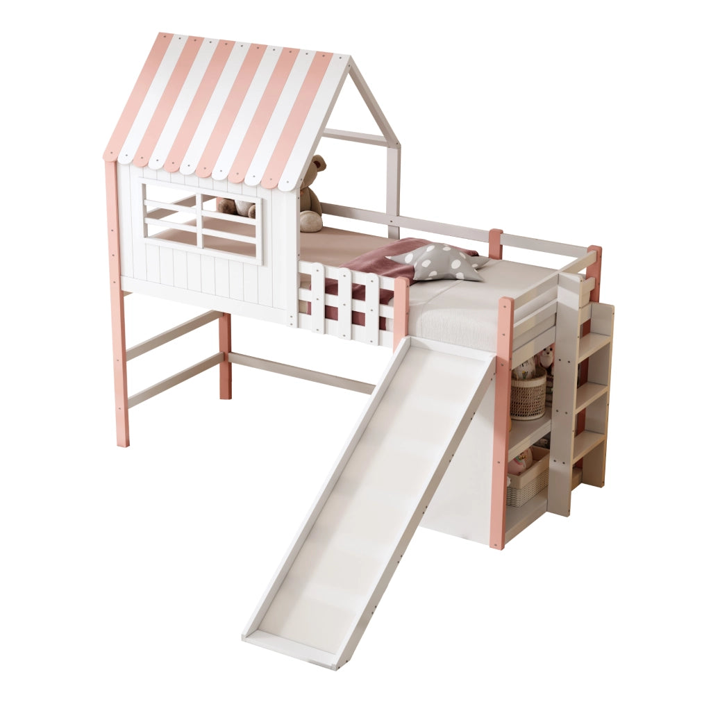 Letto a soppalco per bambini 90 × 200 cm con scivolo lungo scala di sicurezza ripiani in legno pino rosa