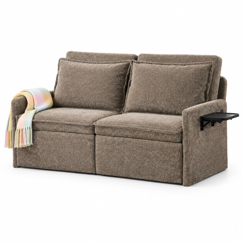 Divano letto ULEVR in ciniglia marrone con schienale regolabile, porte USB e Type-C e 2 tasche laterali