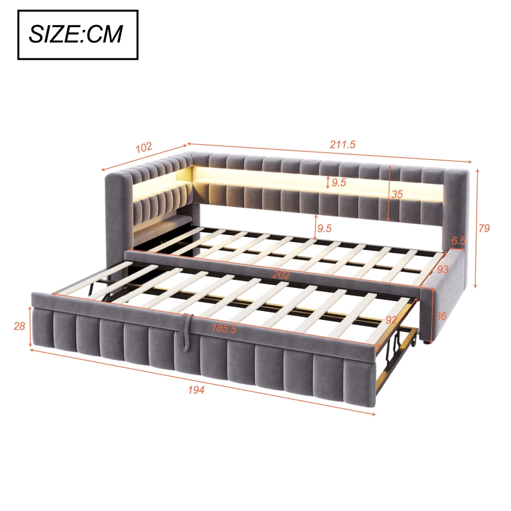 Letto estraibile imbottito 90 × 200 cm in velluto grigio con LED USB Type C e rete a doghe