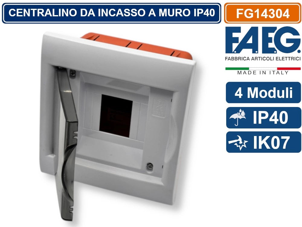 CENTRALINO DA INCASSO 4 MODULI CON CORNICE BIANCA E PORTELLO FUMÈ IP40 FAEG - FG14304