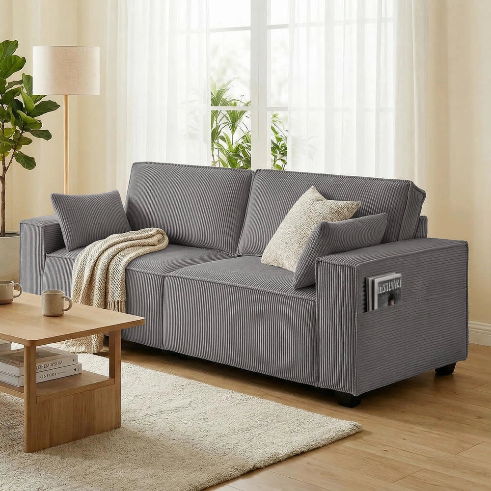 Divano 3 Posti 218 cm Moderno in Velluto a Coste con Molle Insacchettate e 2 Cuscini Grigio Chiaro per Soggiorno