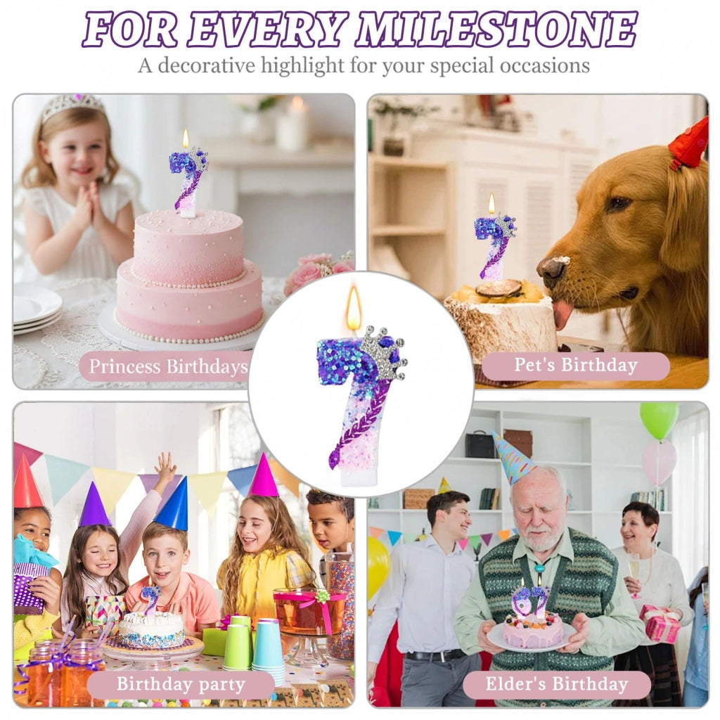 Candela a forma di numero 7, con decorazione lilla e rosa e paillettes, altezza 6 cm, ideale per torte