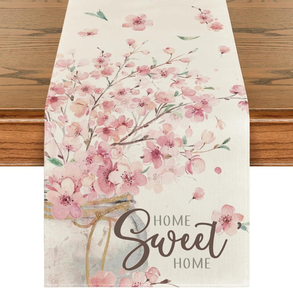 Tovaglia primaverile con motivo di fiori di ciliegio (sakura), 33x183 cm, in lino