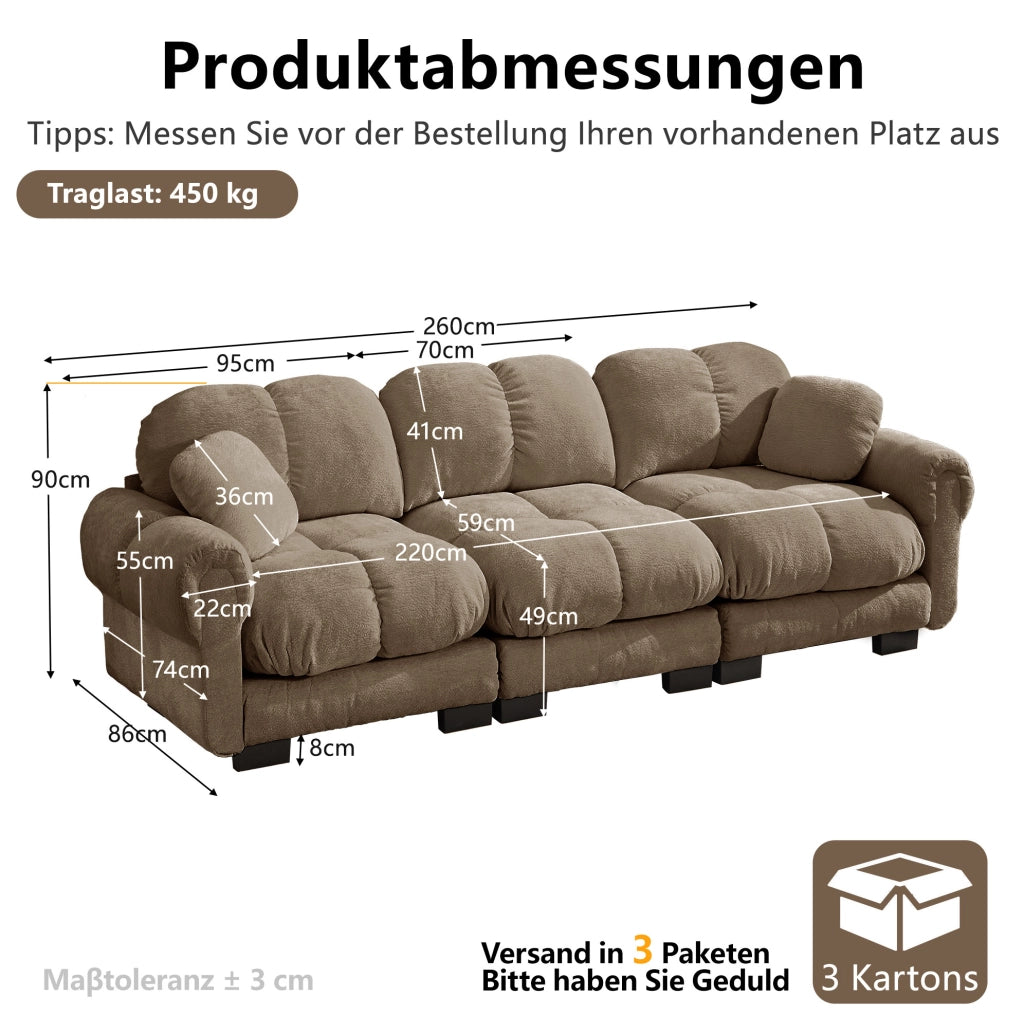 Divano 3 posti 260x86x90 cm in ciniglia marrone modulare con 2 cuscini déco