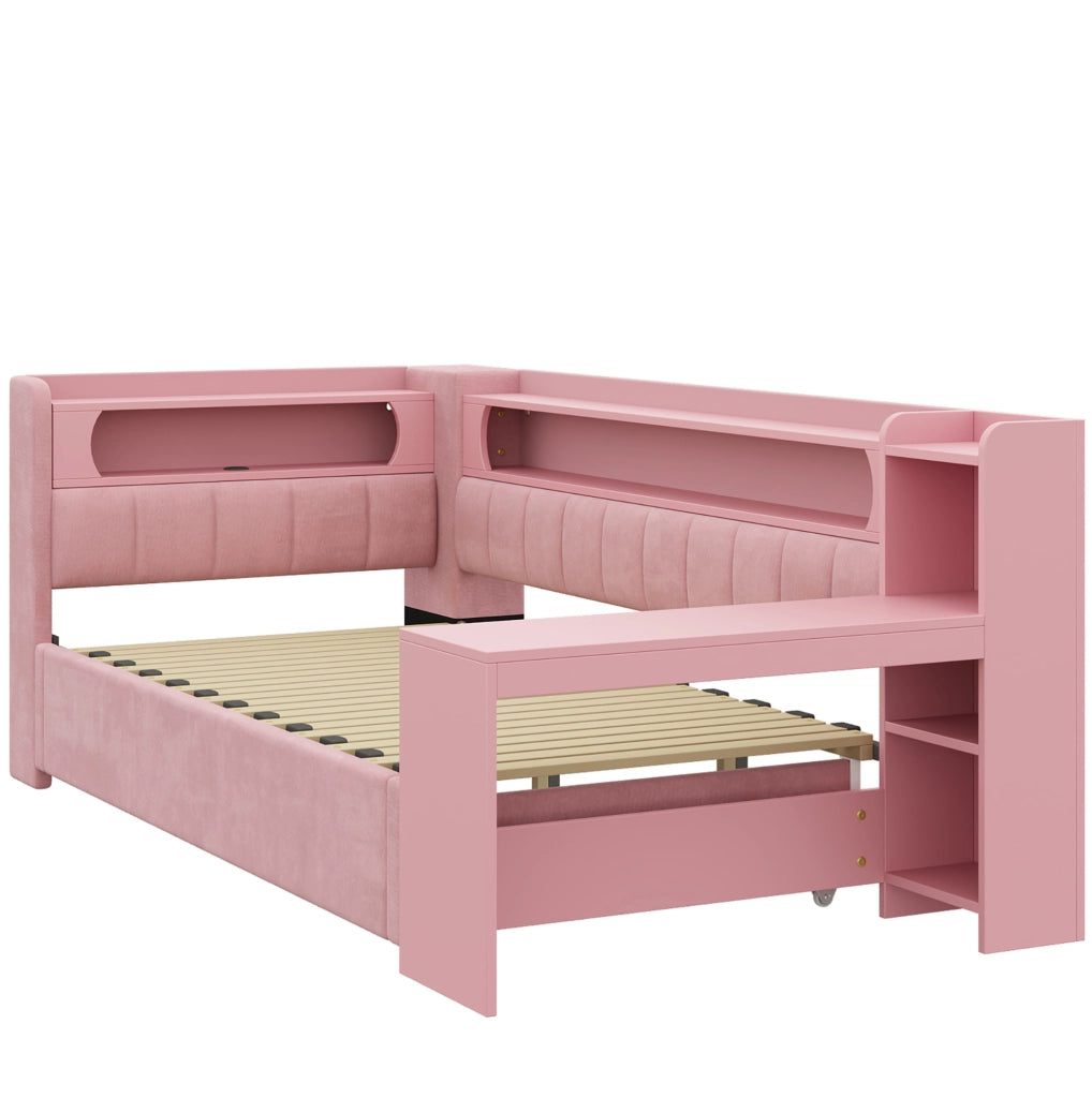 Letto imbottito rosa estensibile con scrivania, luci LED e prese USB