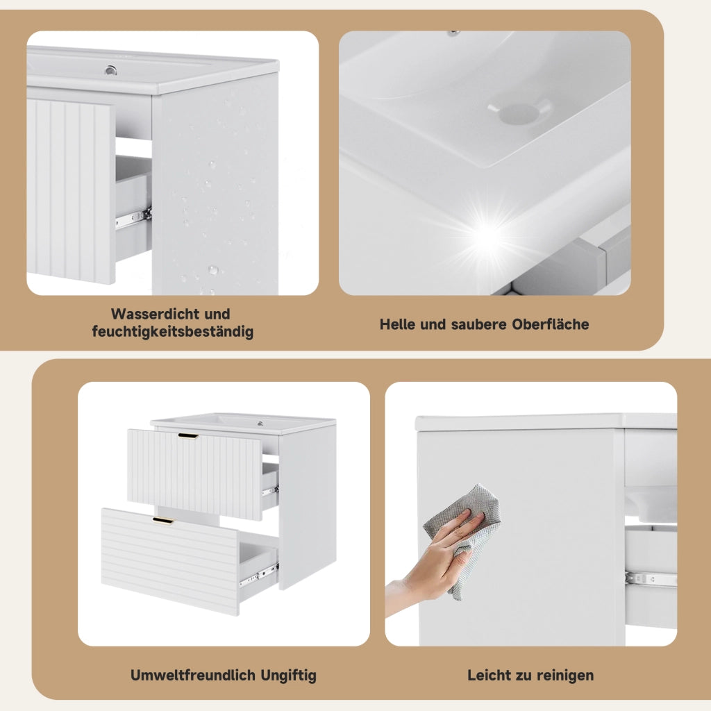 Mobile lavabo sospeso 61 × 46 × 57 cm con due cassetti silenziosi in MDF laccato bianco e lavabo in ceramica