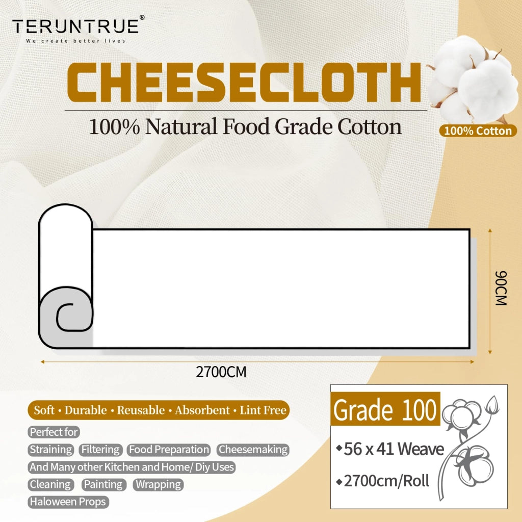 Rotolo di garza per formaggio, 0,9 m x 27 m, 100% cotone, non sbiancato, riutilizzabile