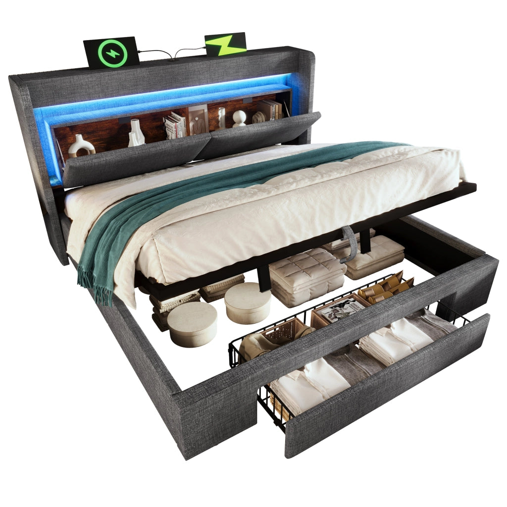 Letto contenitore 180x200 cm grigio in lino con illuminazione LED