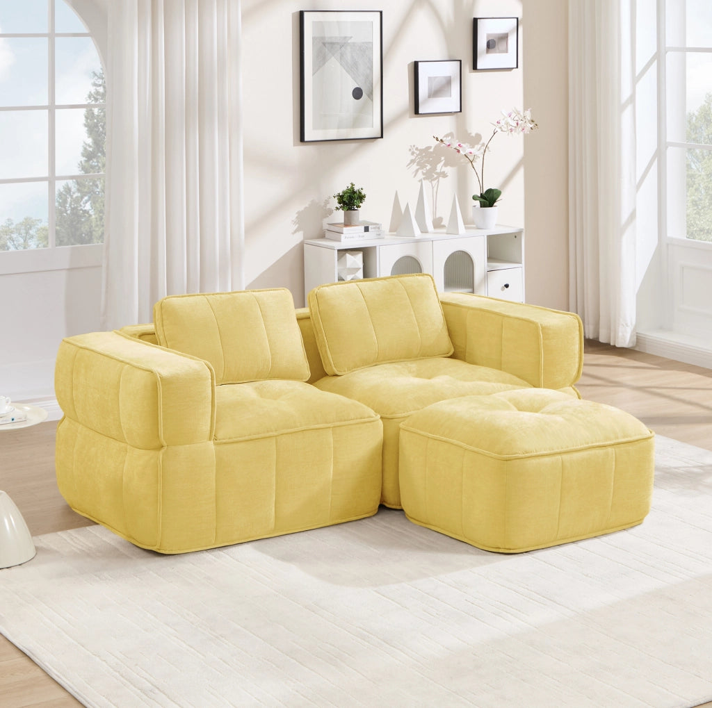 Divano modulare giallo a due posti con pouf in poliestere