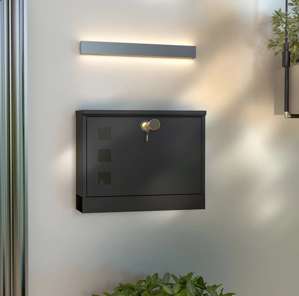 Cassetta postale da parete nera in metallo 36,5x11,5x29 cm con 3 finestre e 2 chiavi