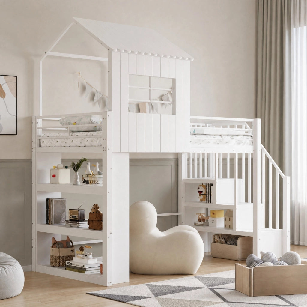 Letti a soppalco per bambini 90x200 cm; con scala contenitore reversibile e scaffale; in MDF e metallo; bianco; senza materasso