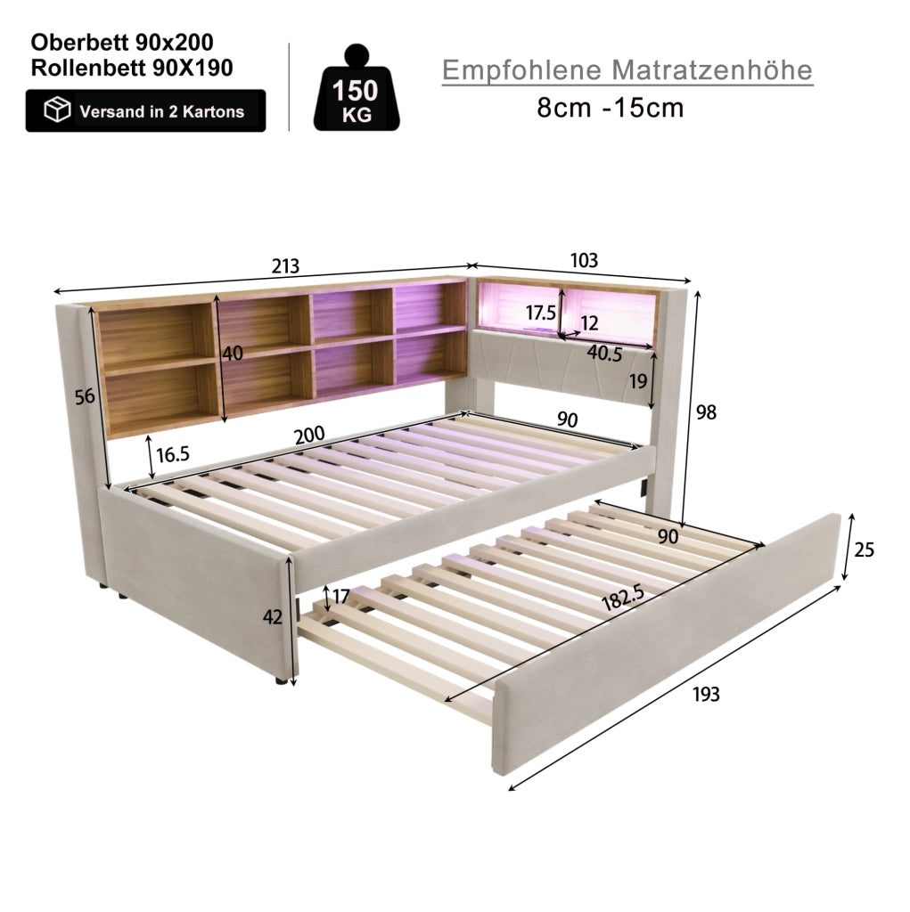 Divano letto singolo multifunzionale 90x200 cm con letto estraibile 90x190 cm, tessuto in flanella grigio chiaro, con luci LED e prese di ricarica