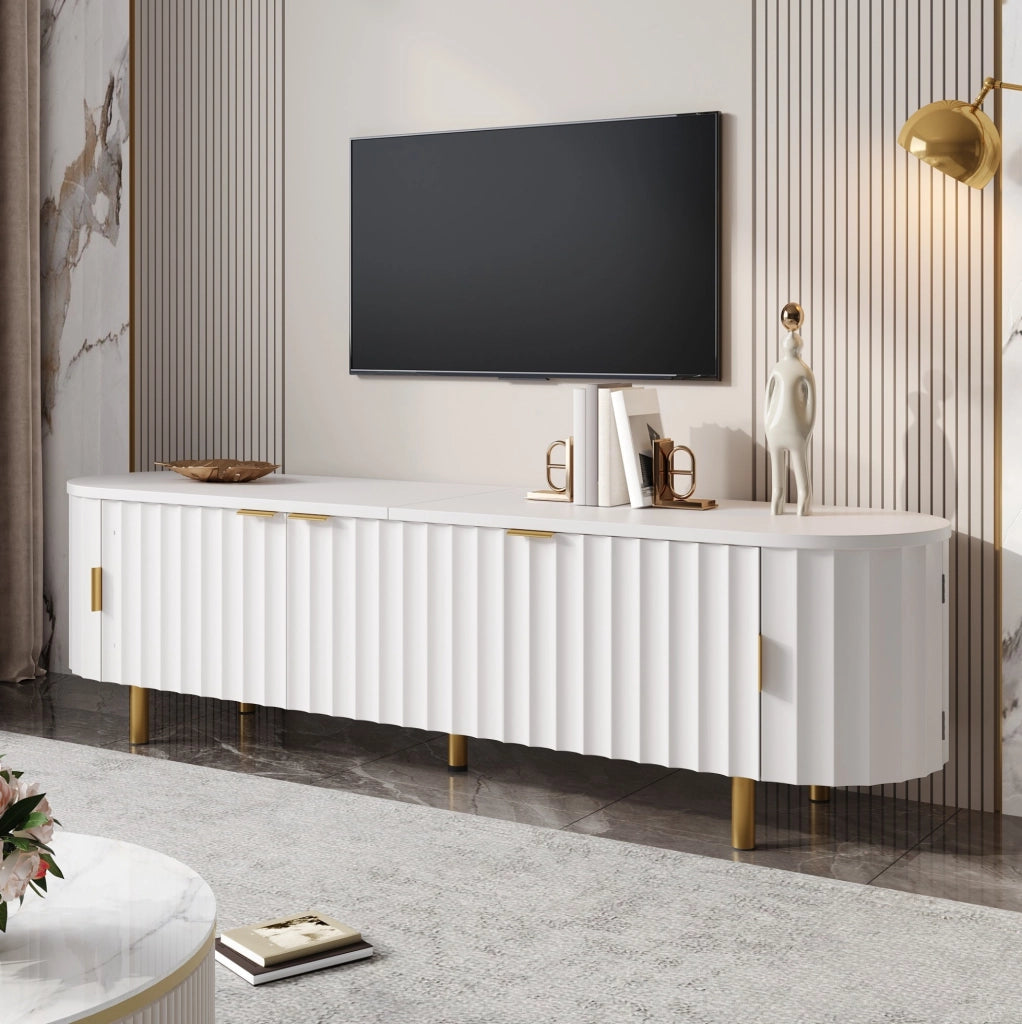 Mobile TV in MDF Bianco con 5 Ante, Frontale Rigato e Piedini in Ferro