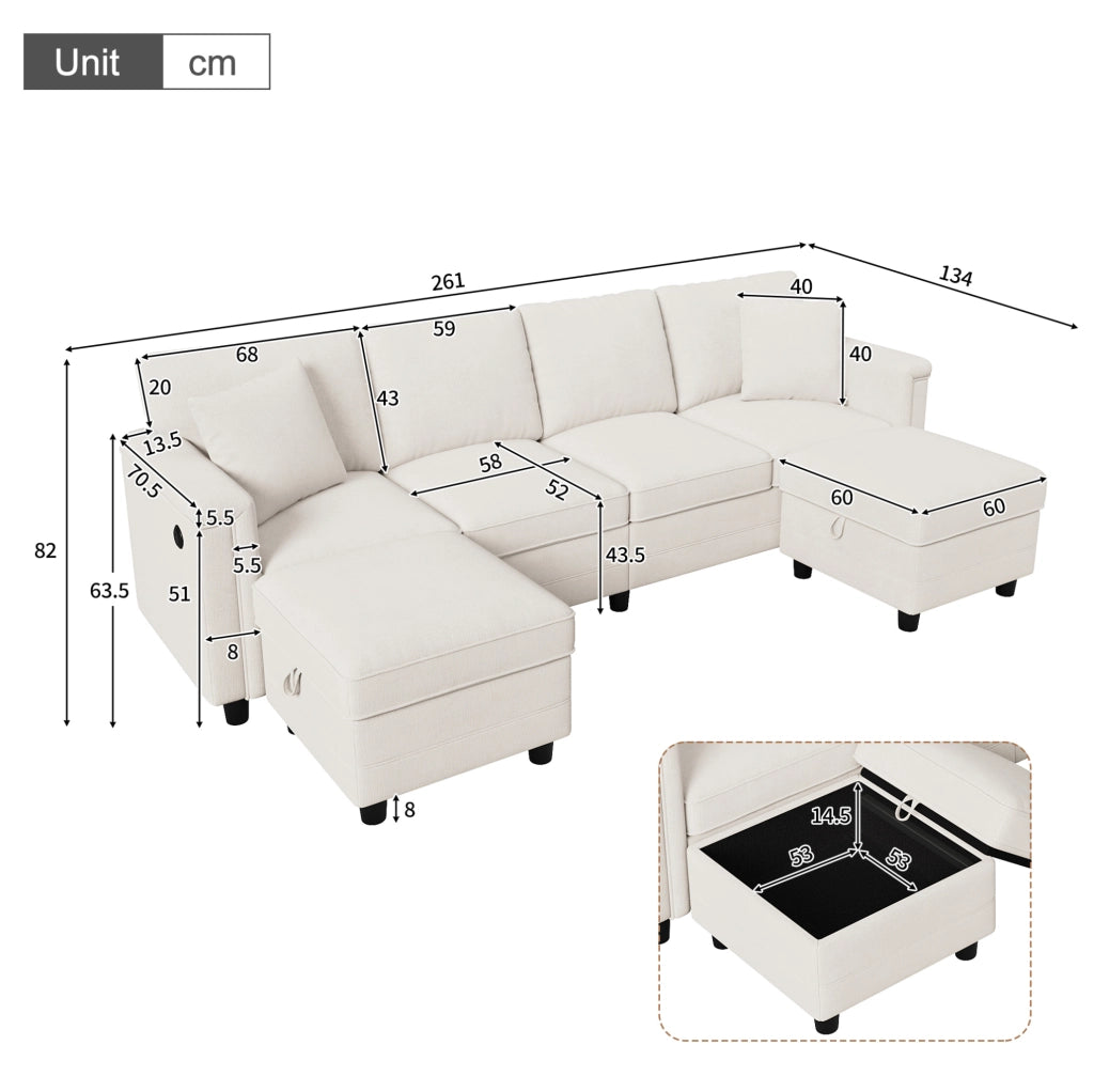 Divano modulare in ciniglia beige 261 × 134 × 82 cm con 2 pouf contenitore