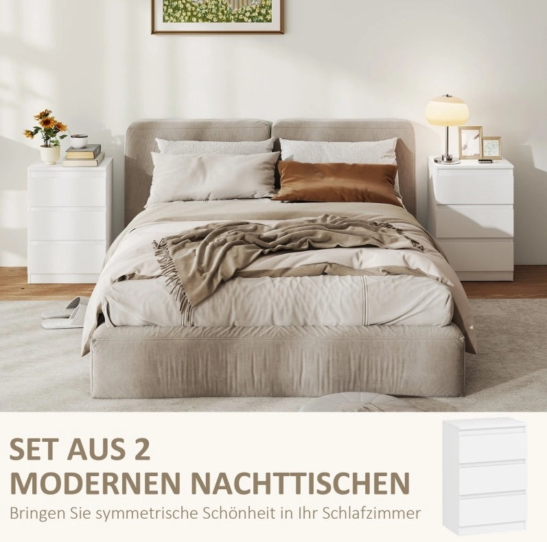 Set di 2 Comodini con 3 Cassetti, 40x30x59,5 cm, Bianco, per Camera da Letto e Soggiorno