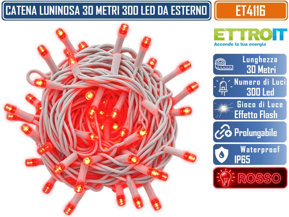 CATENA LUMINOSA NATALIZIA ETTROIT ET4116 300 LED 30 METRI LUCE ROSSA 1.000°K CON EFFETTO FLASH BIANCO CAVO BIANCO PROLUNGABILE IP65 PER INTERNO ED ESTERNO