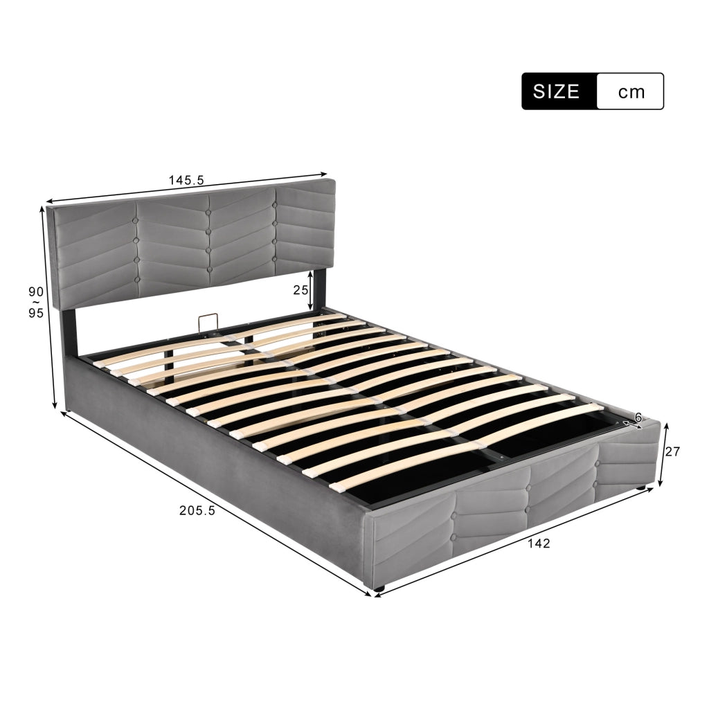 Letto matrimoniale imbottito 140x200 cm in velluto grigio con testiera regolabile e contenitore idraulico