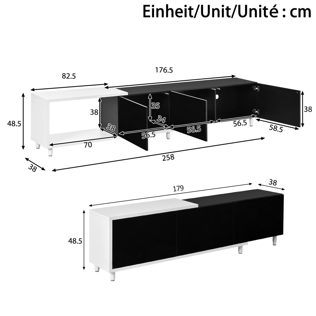 Mobile TV estensibile 258 x 38 x 48,5 cm nero e bianco, design moderno