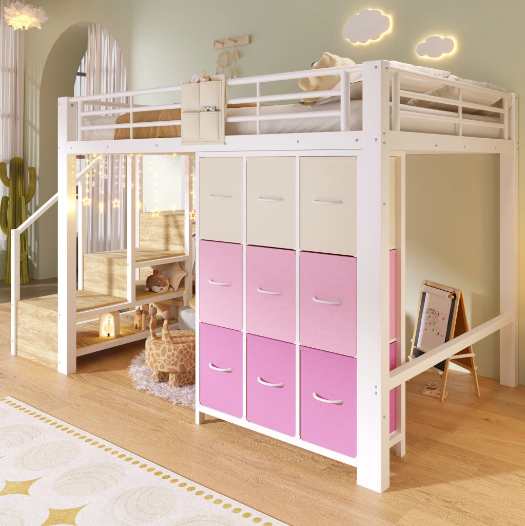 LETTO a soppalco 140x200 cm con cassetti, scala contenitore e asta appendiabiti, bianco