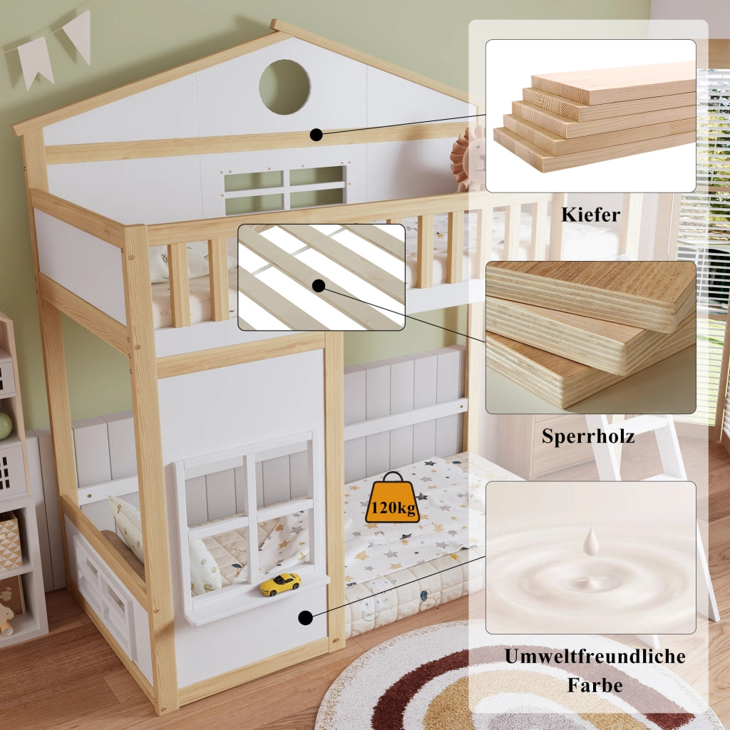 Letto a castello per bambini 90 × 200 cm con scala protezione anticaduta legno bianco e naturale con tetto