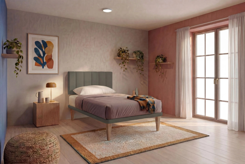 Letto 1 Piazza e Mezza con Rete Rivestita 120x200 cm Similpelle Cappuccino Tessis Testata Vertical