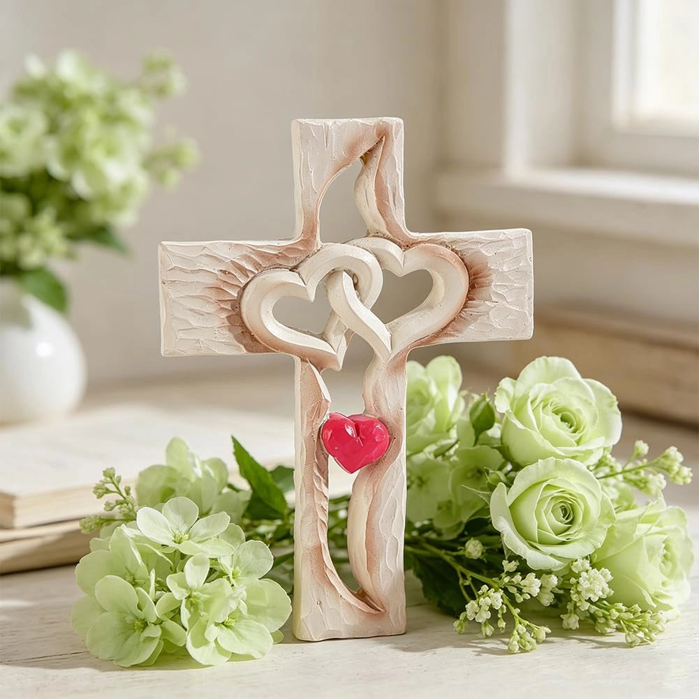 Croce da parete, legno, 165x123 mm, Croce a cuore rustica, a tema religioso