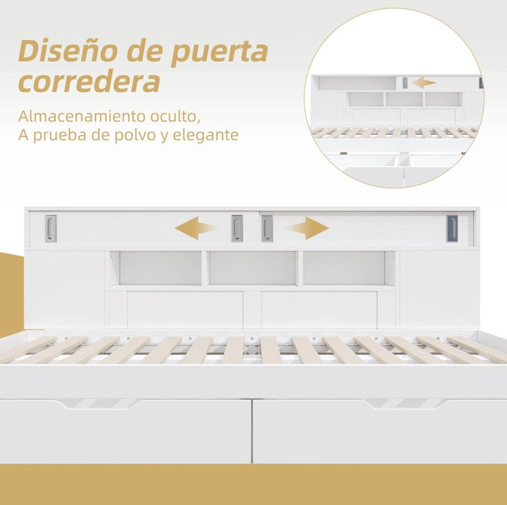 Letto singolo multifunzione 90 × 190 cm con 2 cassetti e armadietti; MDF bianco