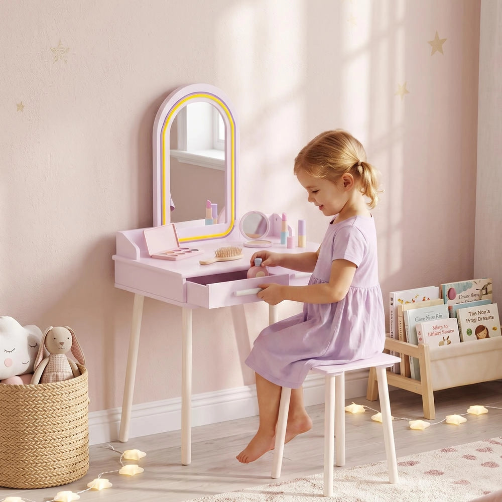Toletta per bambini 2 in 1 con specchio LED rosa, tavolo da trucco con luci a 3 colori e cassetti, pratica per cameretta
