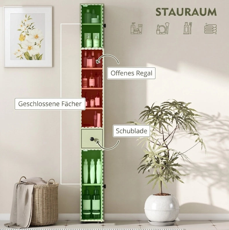 Colonna bagno stretta 20 x 20 x 180 cm verde con cassetto e vani